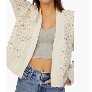 SAACHI Faux Pearl Knit Cardigan Womens One Size Cream Gems Anthropologie